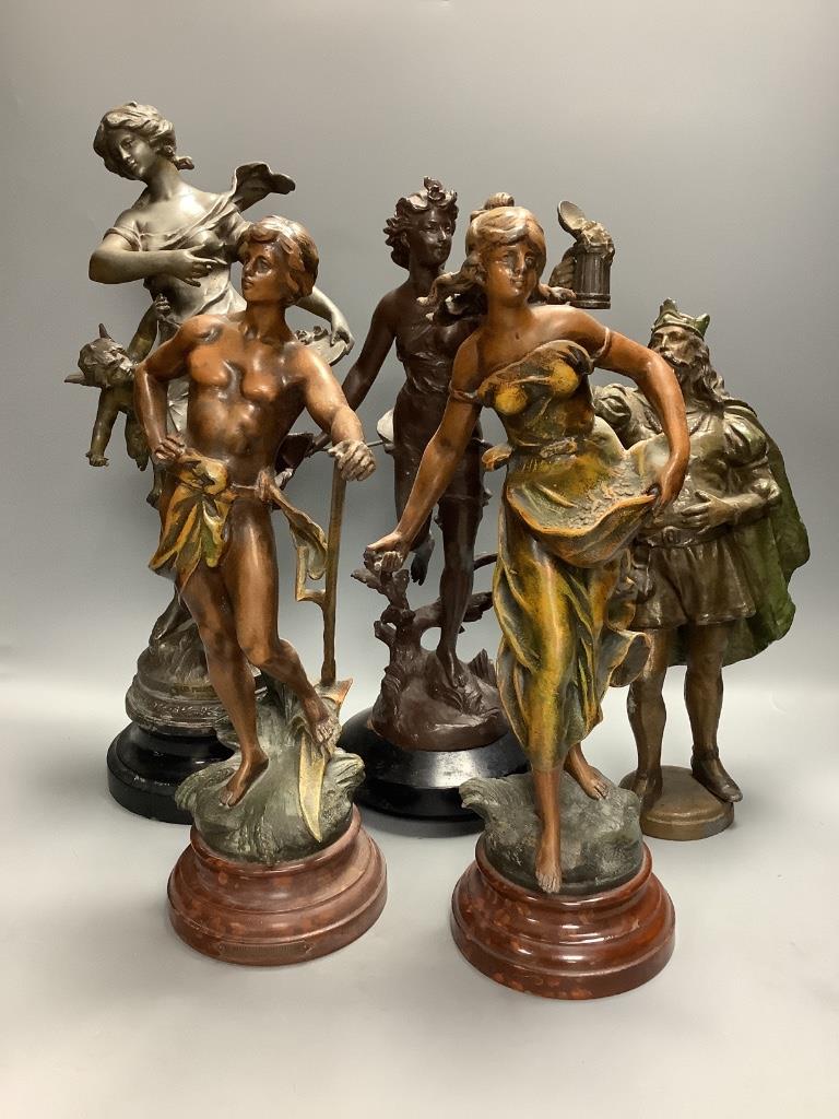 Five spelter figures